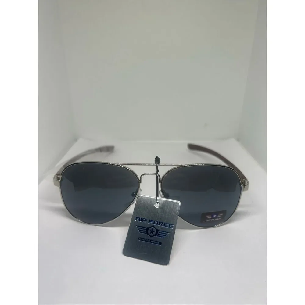 Air Force Aviator Sunglasses UV400 Metal Frame Wood Grain Temples New